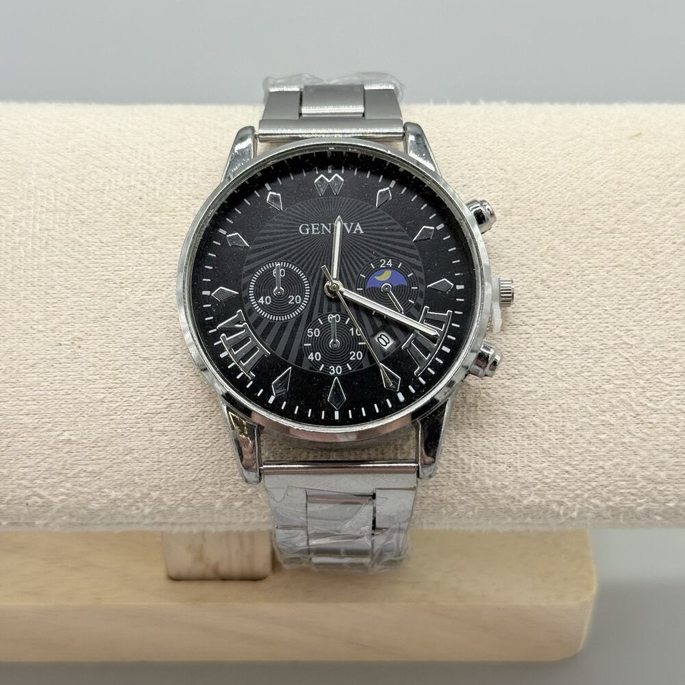 Geneva Mens Chronograph Style Watch Black Dial Silver Stainless Steel Quartz New